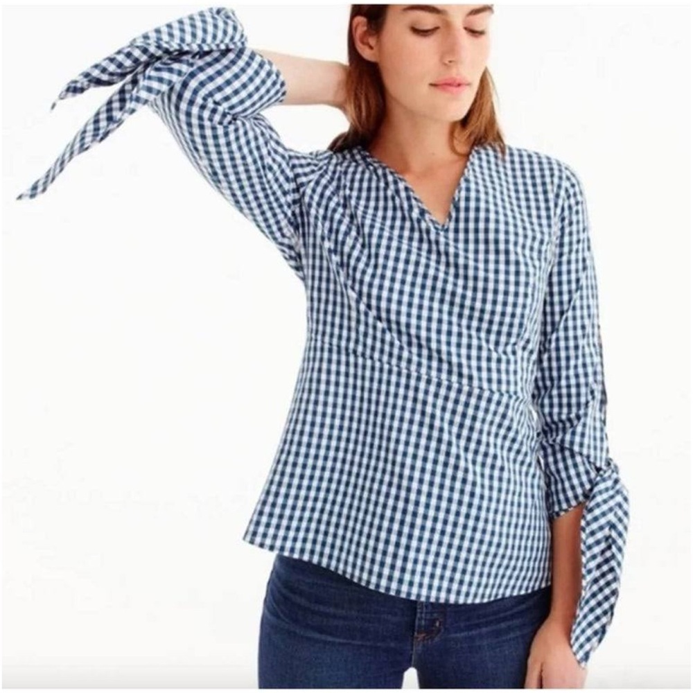 J. CREW Universal Standard Check Peplum Top Cotton Blouse Navy Blue Plaid Small